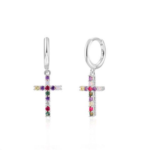 Europe And America Cross Border Sterling Silver Needle Trendy Cross Inlaid Zircon Colorful Crystals Female Earrings Fashionable Personalized Earrings Earrings