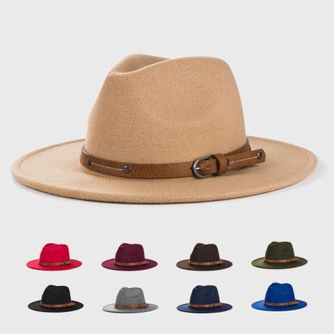 الرجعية الصوف القبعات للرجال والنساء أحادية اللون حزام مشبك معدني ورأى قبعة بسيطة كبيرة حافة الجاز قبعة