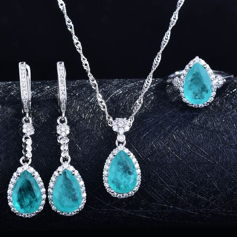Jewelry Wholesale Simulation Natural Paraiba Set Water Drop Shape Ring Pendant Necklace Earrings