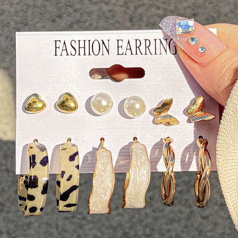 New Retro C-shaped Earrings Set 6 Pairs Creative Personality Dripping Oil Leopard Love Butterfly Earrings