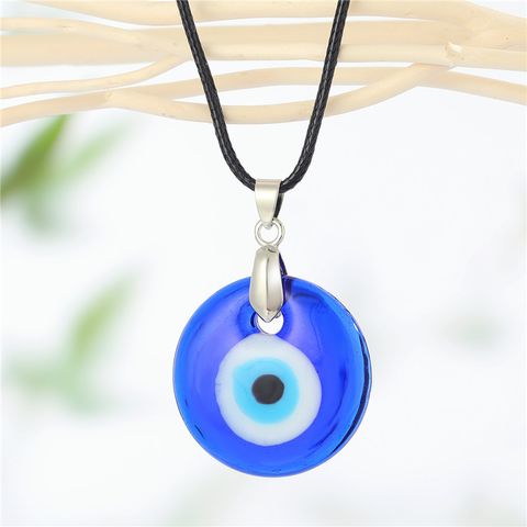 Vintage Blue Devil's Eye Glass Pendant Necklace Water Drop Round Turkish Eyes Leather String Necklace Women