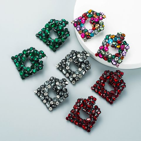 European And American Fashion Za Same Style Exaggerated Geometry Square Alloy Rhinestone Earrings Internet Celebrity High-grade Hollow-out Elegant Earrings