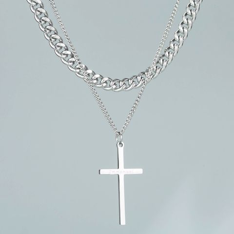 Trendy Design Sense Internet Celebrity Same Style Personality Cross Double Layer Twin Necklace All-match Cold Sweater Chain Accessories