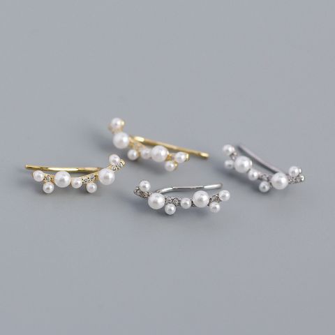 Yhe0326 S925 Silver Geometric Imitation Pearl Diamond Branch Ear Clip Earrings