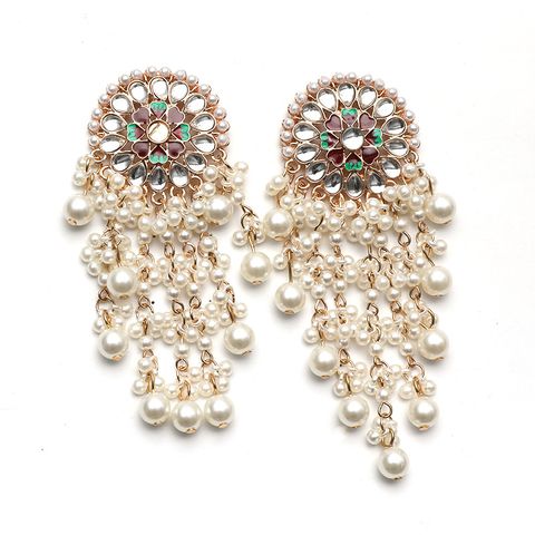 Fashion Retro Indian Exotic Ethnic Style Exaggerated Earrings European And American Court Style Diamond Pearl Tassel Earrings
