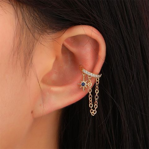 Simple Zircon Holeless Ear Bone Clip Retro Copper Inlaid Zircon Five-pointed Star Chain Ear Clip