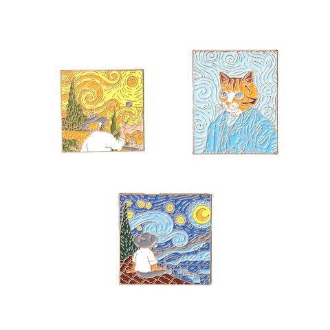 New Oil Painting Alloy Brooches Creative Van Gogh Starry Sky Geometric Pattern Modeling Paint Brooch