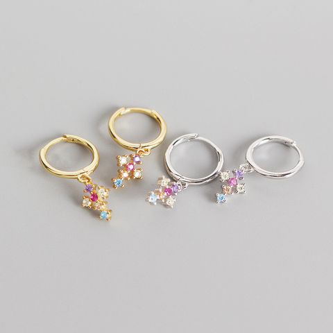 Yhe0261 European And American Entry Lux Colorful Crystals S925 Sterling Silver Ins French Cross Diamond Gold Ear Clip Ear Studs Women