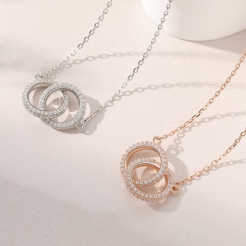 Korean Female Design Full Diamond Double Ring Pendant S925 Silver Necklace Wholesale