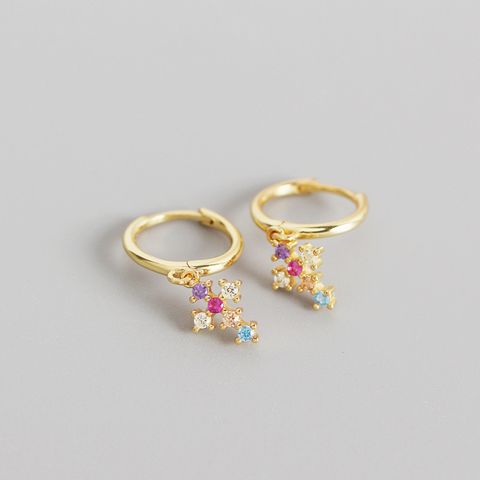 Yhe0261 European And American Entry Lux Colorful Crystals S925 Sterling Silver Ins French Cross Diamond Gold Ear Clip Ear Studs Women