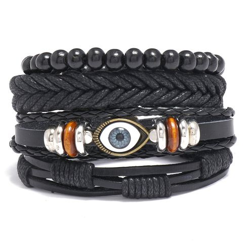 Retro Diy Four-piece Combination Black Leather Braided Eye Bracelet