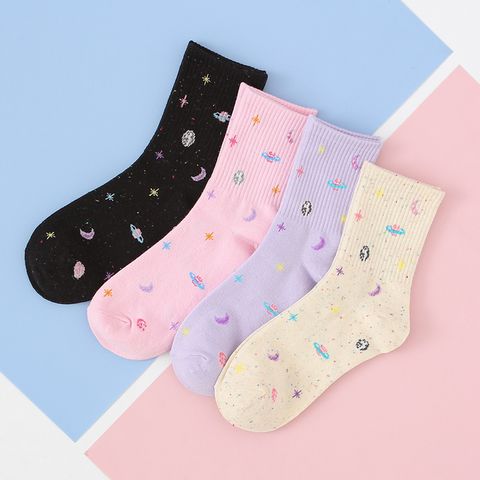 Autumn And Winter New Sweet Leisure College Style Women's Fashion Socks Wholesale Cartoon Planet Moon Neps Yarn Female Middle Tube Socks