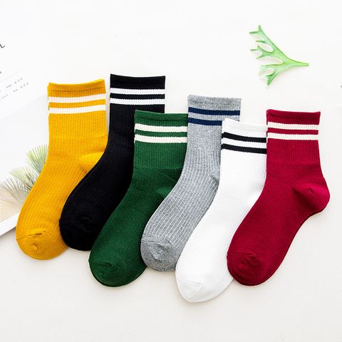 New Pure Cotton Two Bars Sports And Leisure Ladies Medium Tube Socks Korean Women's Socks Wholesale