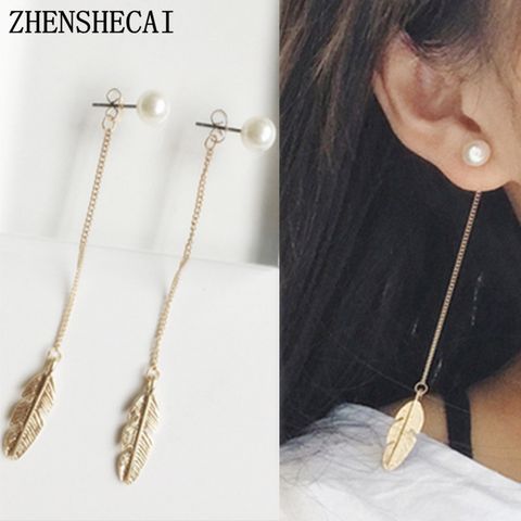 European And American Temperament Feather Leaf Pearl Personalized Long Earrings Eardrops Earrings Female Earrings Factory Wholesale