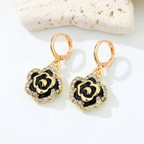 Cross-border Sold Jewelry European Retro Full Diamond Black Rose Earrings And Necklace Set Flower Pendant Ear Ring Female