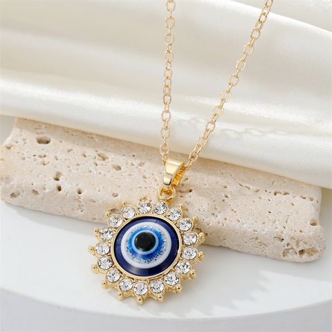 European Cross-border Sold Jewelry Vintage Full Diamond Sunflower Devil's Eye Pendant Necklace Turkish Eye Metal Necklace