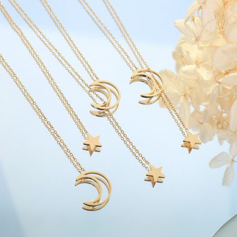 European And American New Star Moon Mini Pendant Star Moon Classic Popular Necklace Clavicle Chain Titanium Steel 18k Gold P315