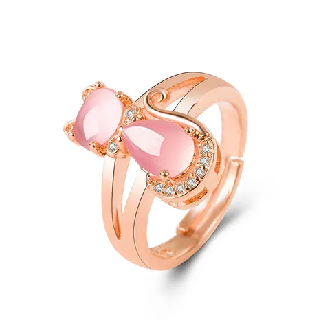 Korean Pink Crystal Cat Ring Female Diamond Hibiscus Stone Cat Open Fashion Ring