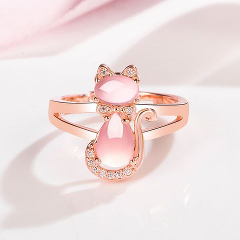 Korean Pink Crystal Cat Ring Female Diamond Hibiscus Stone Cat Open Fashion Ring
