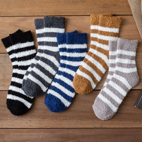 Socks Men's Tube Autumn Thick Warm Towel Home Striped Sleep Socks Coral Fleece Floor Socks