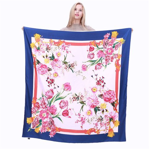 Fashion Imitation Silk Female 130cm Large Square Fringed Floral Print Shawl Scarf