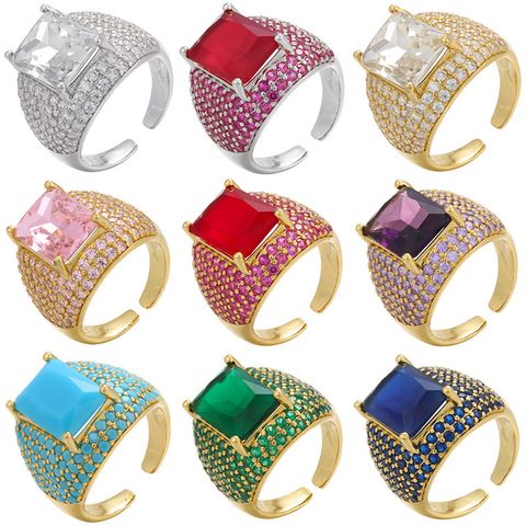 Retro Colored Diamonds Micro-inlaid Square Zircon Copper Open Ring