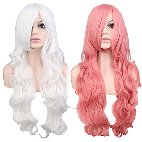 Cos Wig High Temperature Silk White Pink Curly Hair 80cm Long Curly Hair Wigs