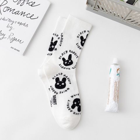 Socks Female Black And White Series Cute Bunny Tube Socks Cute Cotton Cartoon Socks