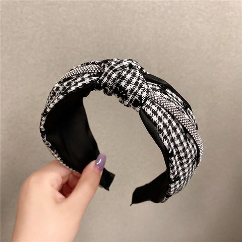 Korean Dongdaemun Black And White Plaid Bow Headband Female Wide Headband Hairpin Internet Celebrity Hair Band New Rhinestone Knot