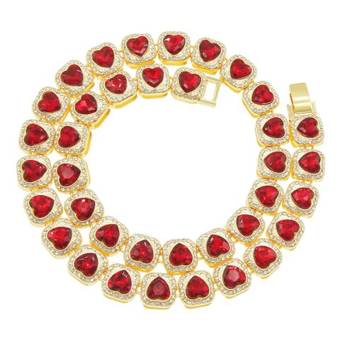 European And American Men's Exaggerated Full Diamond Peach Heart Diamond Cuban Chain Necklace Bracelet