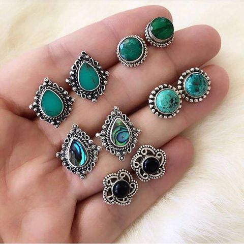 New 5 Pairs Set Earrings European And American Fashion Retro Dazzling Turquoise Gem Earrings Set