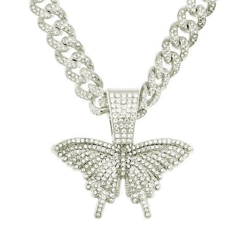 Hip-hop Full Diamond Three-dimensional Butterfly Pendant Wide Chain Cuban Chain Necklace