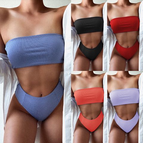 New Pit Strip Tube Top Bikini High Waist Blue Super Elastic Split Swimsuit