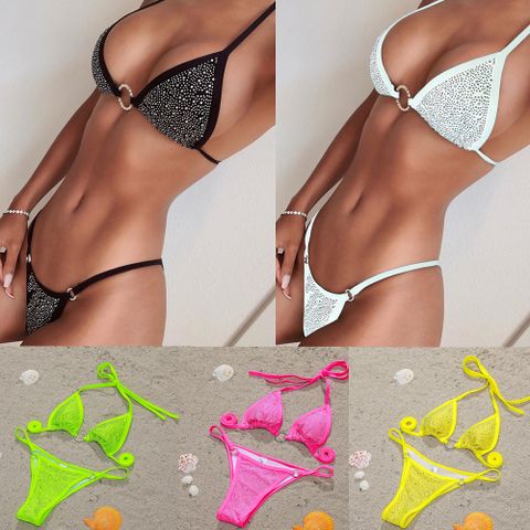 Women's Solid Color Rhinestone Bikinis Swimwear
