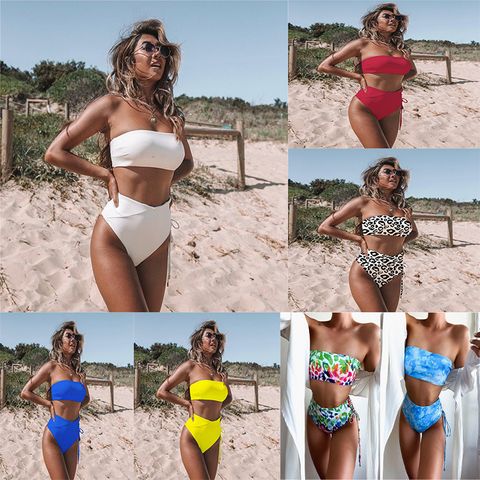 Europe And America New Solid Color High Waist Sexy Chest Strap Bikini