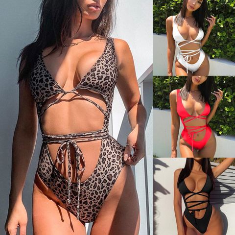 European And American New Style Solid Color One-piece High Waist Sexy Strappy Bikini