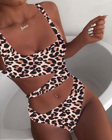 New Solid Color One-piece Swimsuit Printed Swimsuit Bikini Female Hollow Swimsuit