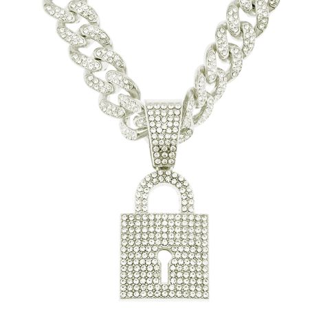 Creative Diamond Lock Shape Pendant Wide Cuban Chain Necklace