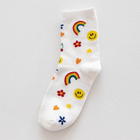 Japanese Cute Rainbow Love Bear Women Socks White Stockings