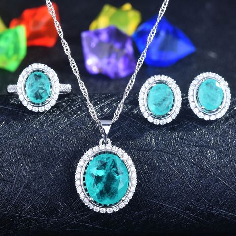 New European And American Style Retro Imitation Paraiba Suit Tik Tok Live Stream Colored Gems Necklace Open Rings Ear Studs Women