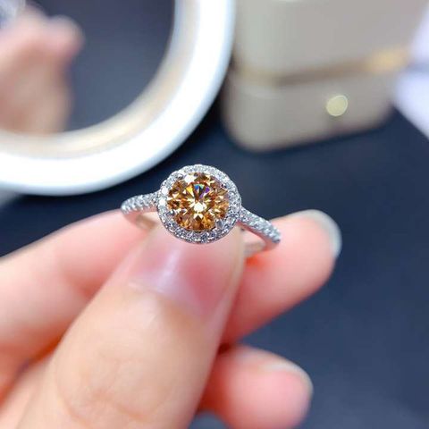 New Fashion Simple Round Moissan Diamond Morganite Sunset Stone Color Open Ring