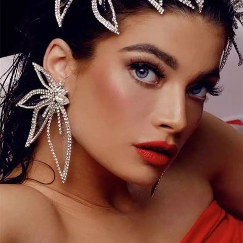 Europäische Und Amerikanische Modetrends Neue Blatt Förmige Legierung Diamant Strass Übertriebene Ohrringe Weibliche Luxus Glänzende Lange Ohrringe