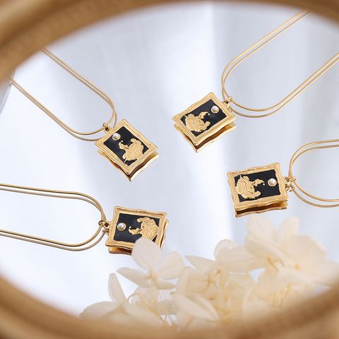 French Choker Square Plate Vintage Photo Frame Pendant Imitation Pearl Design Necklace Titanium Steel Plated 18 Color Gold Necklace P078