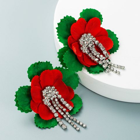 Cross-border New Arrival Exaggerated Alloy Diamond Ins Style Cloth Large Flower Earrings Female Tassel Za Earring With Same Kind Wholesale