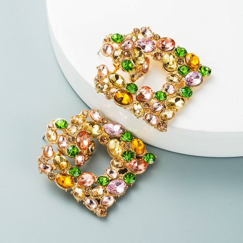 Exaggerated Geometric Square Color Diamond Earrings Fashion Alloy Hollow Inlaid Rhinestone Earrings