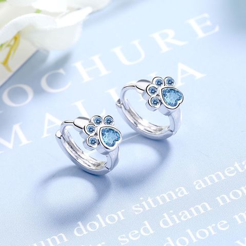 Simple Blue Crystal Diamond Puppy Footprint Earrings