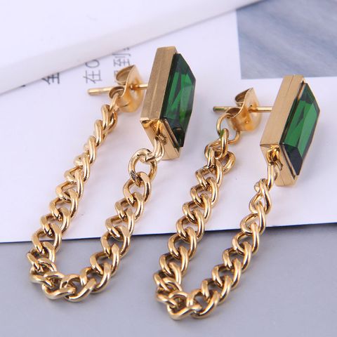 Korean Fashion Green Gem Personality Titanium Steel Earrings Wholesale
