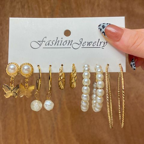 New Butterfly Earrings Set Creative Simple Pearl Metal Earrings Wholesale