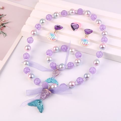 Children's Necklace Mermaid Tail Pearl Necklace Bracelet Ring Earring Set