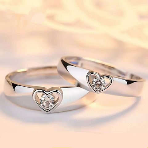 Anillo De Pareja De Cobre Con Corazón Plateado En Versión Coreana